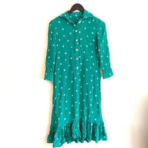 Vintage Green and Aqua Abstract Polka Dot Long Sleeve Dress with Ruffle Hem